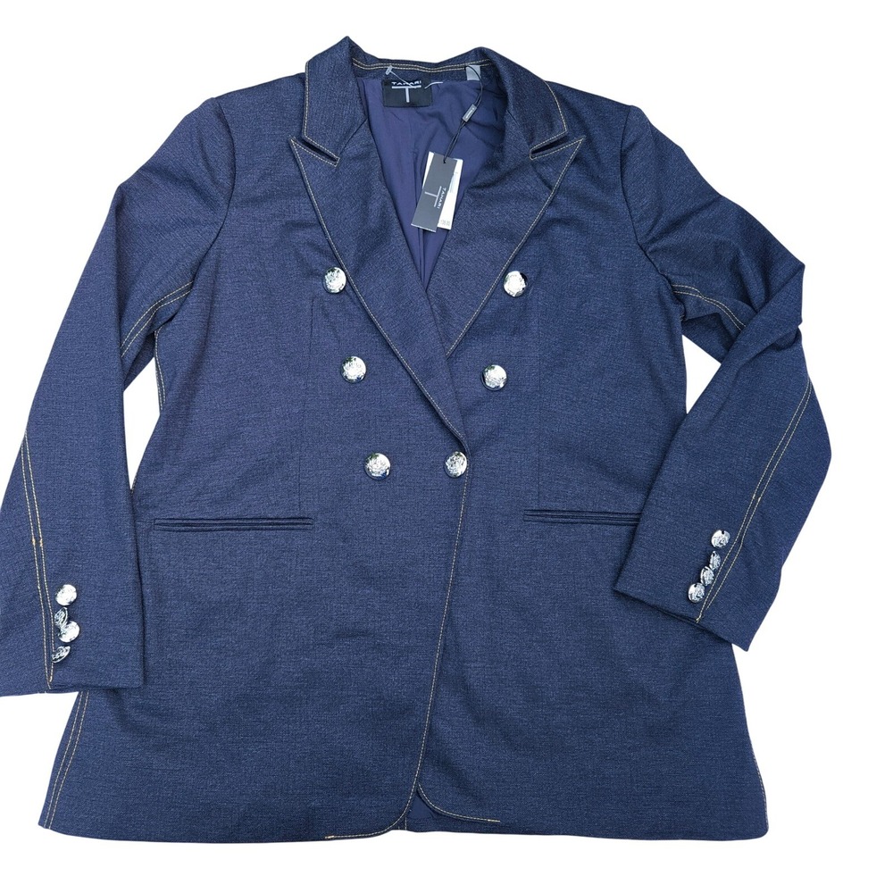 New Tahari Double Breasted Blazer Women 16 Denim Style Jacket Silver Buttons